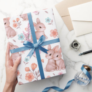 Söta akvarellkaniner & blommor Mönster Presentpapper