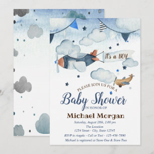Söta akvarellstjärnor, moln, flygplans baby shower inbjudningar