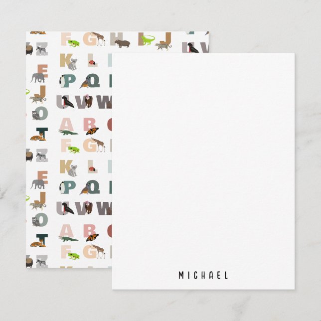 Söta alfabetet ABC Djur Anpassat namn Skola Anteckningskort (Fram/baksida)