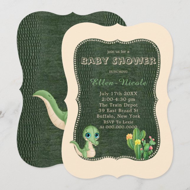 Söta Alligator Gröna Kaktus Babykalasinbjudningar Inbjudningar (Fram/baksida)