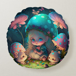 Söta älvor leker under svampkuddar rund kudde