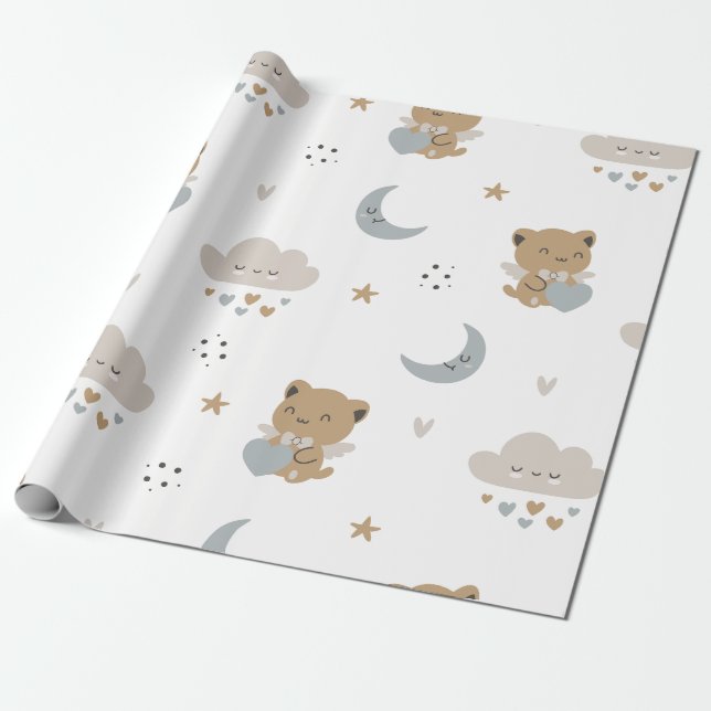 Söta ängelkatter & moln (1) presentpapper (Utrullad)
