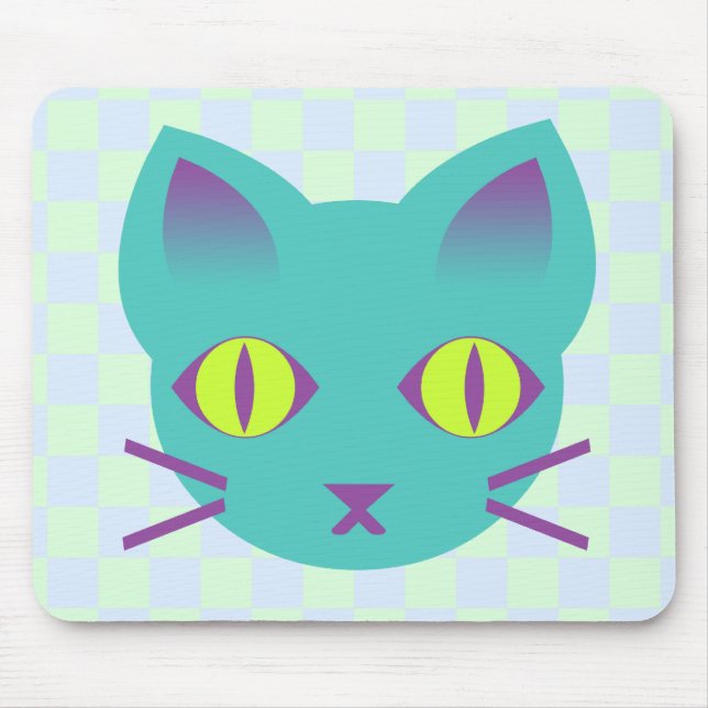 Söta Anime Kitty Katt Blå & Gröna Rutor Musmatta (Framsidan)