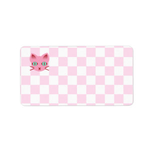 Söta Anime Kitty Katt Rosa & Vit Rutig Adressetikett