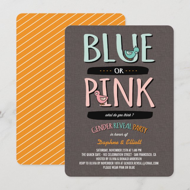 Söta ankors rosa eller blå babyköns avtäckning fes inbjudningar (Fram/baksida)