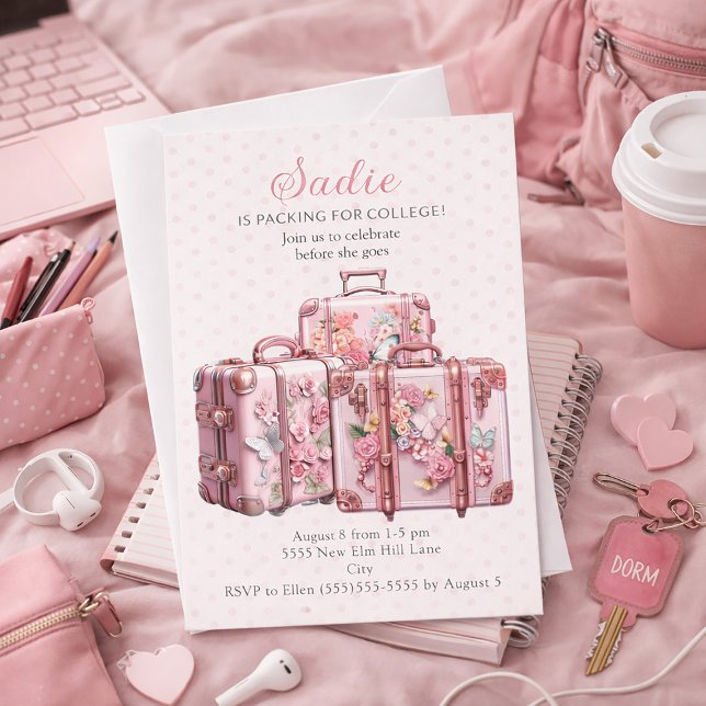 Söta Antika Resväskor Rosa Studentkoffert Party Inbjudningar (Pink suitcases trunk party/dorm party invitation)