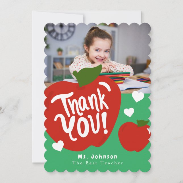 Söta äppellärarfotohälsningskort tack kort (Framsida)