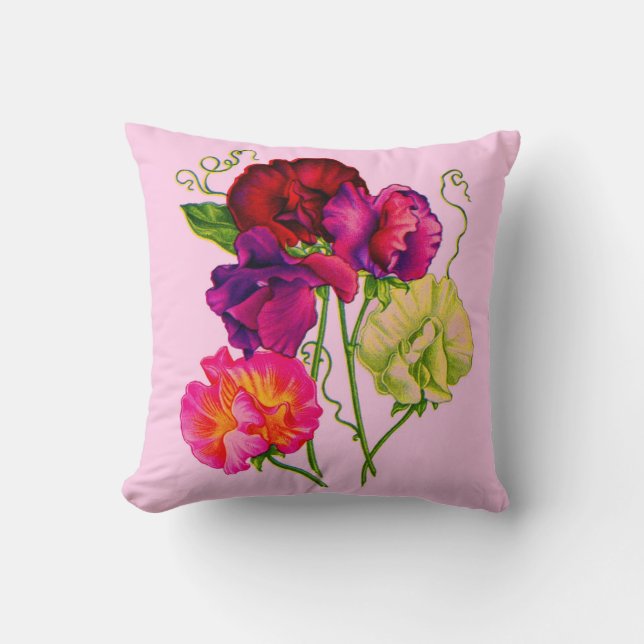 Söta ärter i lila och rosa kudde (Framsida)