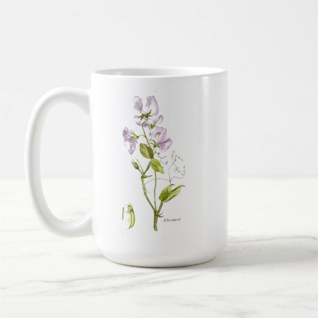 Söta ärter lila blomma och svea kaffemugg (Vänster)