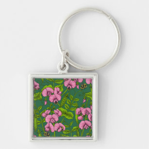 Söta ärter och humlor, grönt och rosa fyrkantig silverfärgad nyckelring