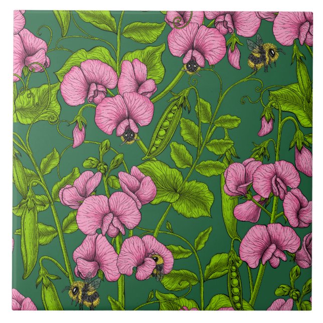 Söta ärter och humlor, grönt och rosa kakelplatta (Framsidan)