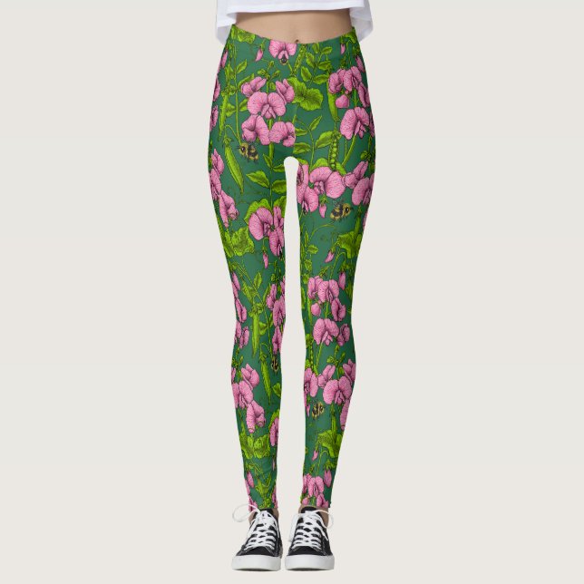 Söta ärter och humlor, grönt och rosa leggings (Framsida)