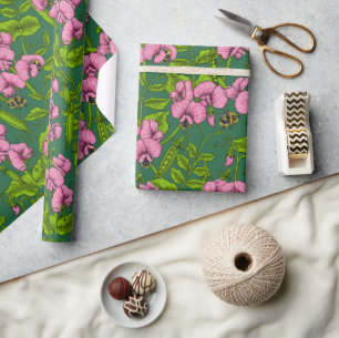 Söta ärter och humlor, grönt och rosa presentpapper