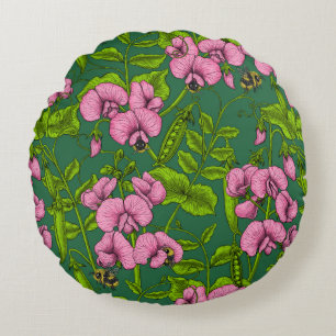 Söta ärter och humlor, grönt och rosa rund kudde