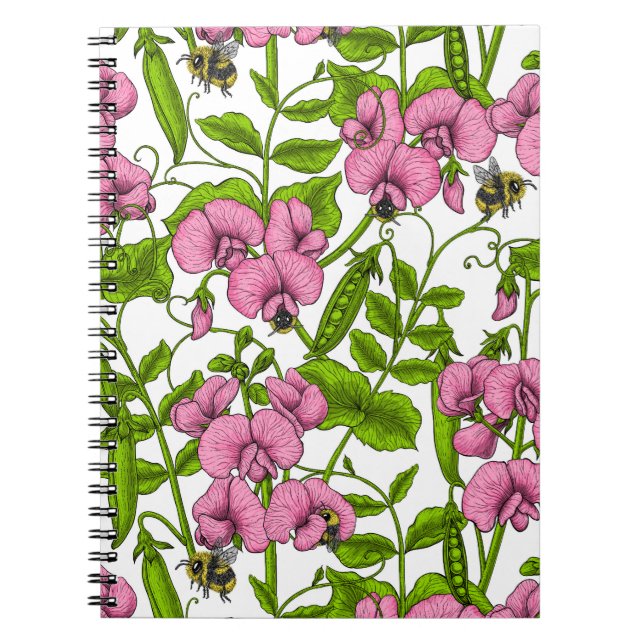 Söta ärter och humlor, rosa, grönt och vita anteckningsbok (Framsidan)