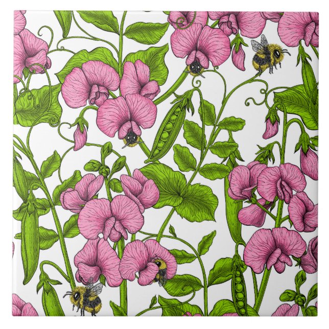 Söta ärter och humlor, rosa, grönt och vita kakelplatta (Framsidan)