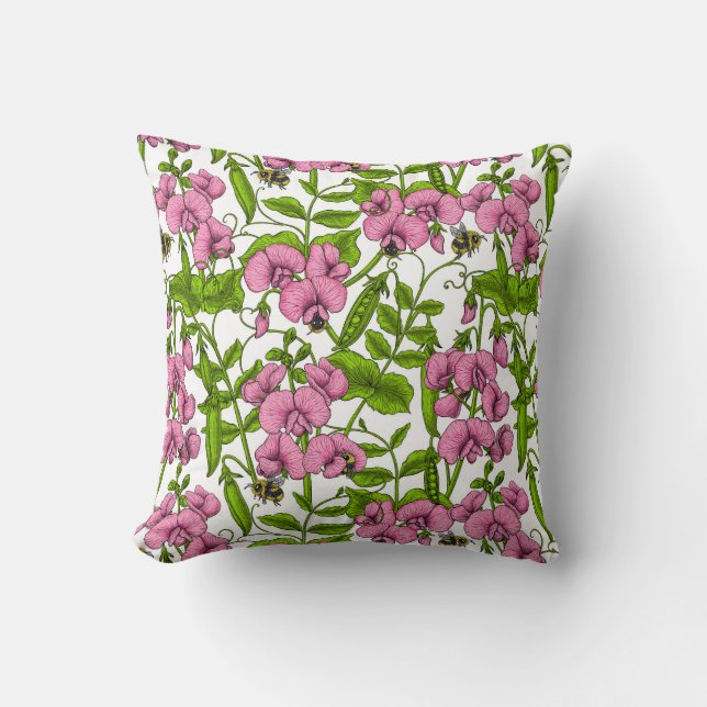 Söta ärter och humlor, rosa, grönt och vita kudde (Framsida)