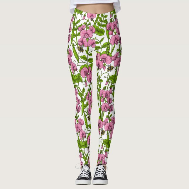Söta ärter och humlor, rosa, grönt och vita leggings (Framsida)