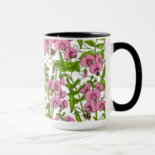 Söta ärter och humlor, rosa, grönt och vita mugg