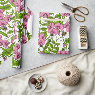 Söta ärter och humlor, rosa, grönt och vita presentpapper
