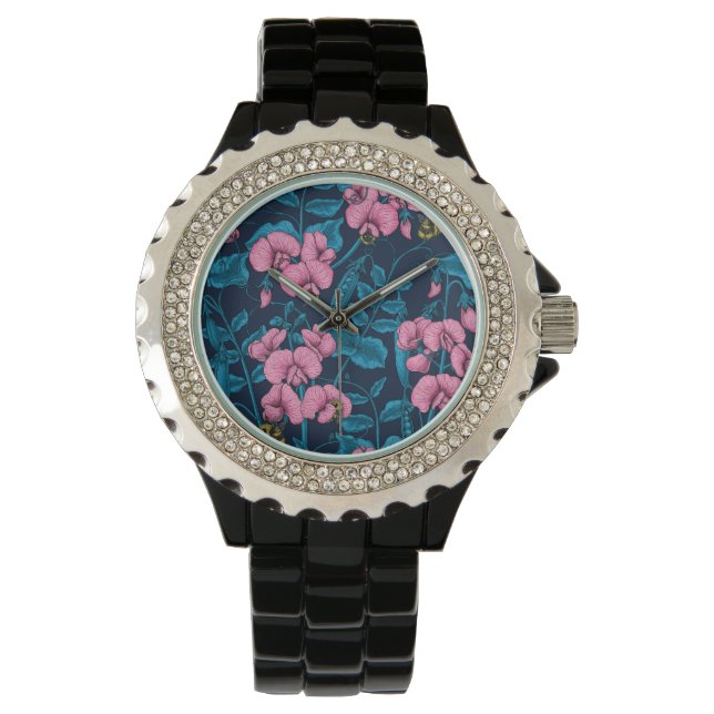 Söta ärter och humlor, rosa och blått armbandsur (Framsida)