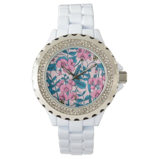 Söta ärter och humlor, rosa och blått armbandsur (Framsida)