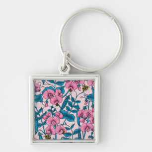 Söta ärter och humlor, rosa och blått fyrkantig silverfärgad nyckelring