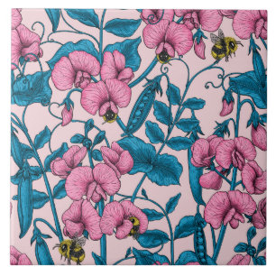 Söta ärter och humlor, rosa och blått kakelplatta