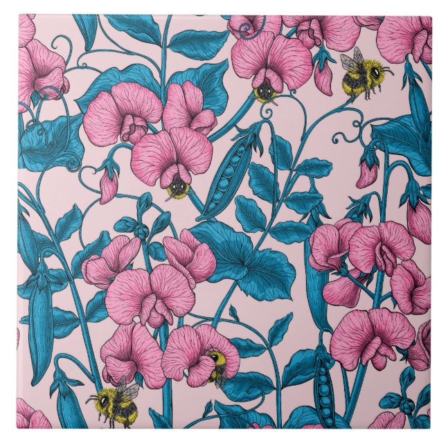 Söta ärter och humlor, rosa och blått kakelplatta (Framsidan)