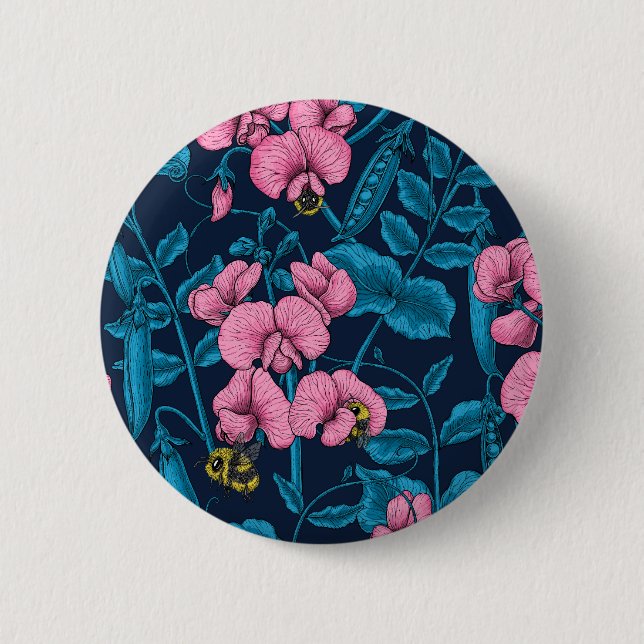 Söta ärter och humlor, rosa och blått knapp (Framsida)