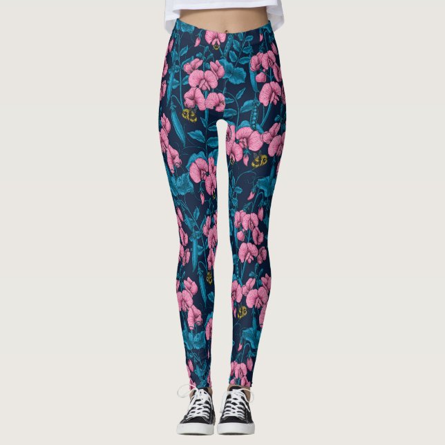 Söta ärter och humlor, rosa och blått leggings (Framsida)