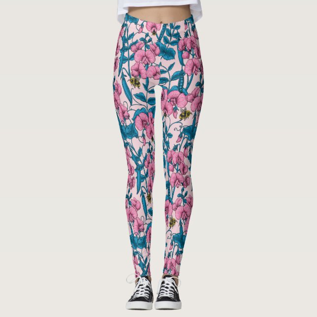 Söta ärter och humlor, rosa och blått leggings (Framsida)
