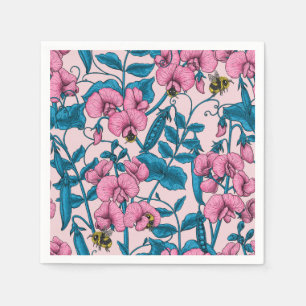 Söta ärter och humlor, rosa och blått pappersservett