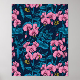 Söta ärter och humlor, rosa och blått poster