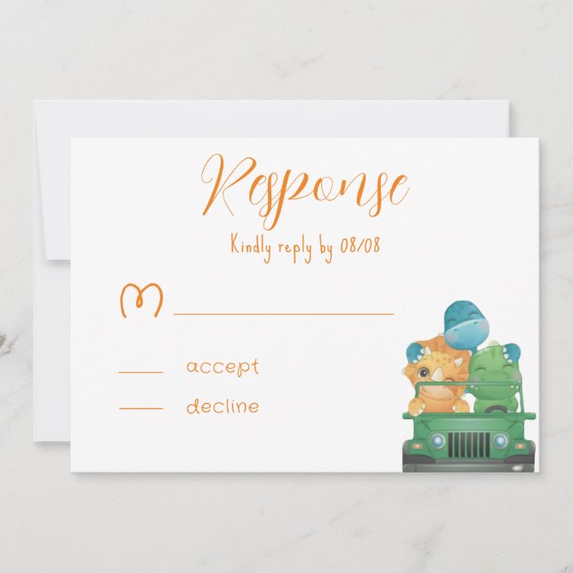 Söta äventyrsdinosaurier Baby Shower-svarskort Inbjudningar (Framsida)