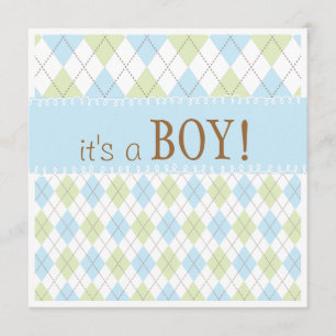 Söta baby blue Argyle är det en pojkebaby shower Inbjudningar