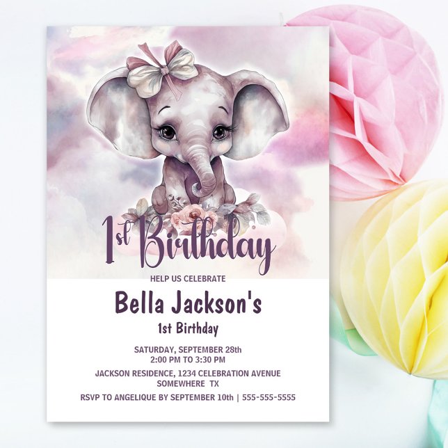 Söta baby elefant flicka 1-års födelsedagsfest inbjudningar (Skapare uppladdad)