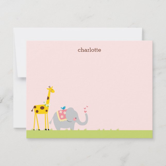 Söta Baby Elephant, Giraffe och Birdie Note Card Anteckningskort (Framsida)
