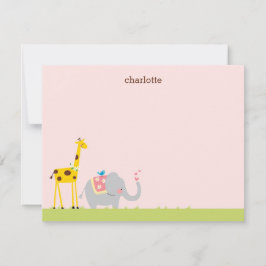 Söta Baby Elephant, Giraffe och Birdie Note Card Anteckningskort
