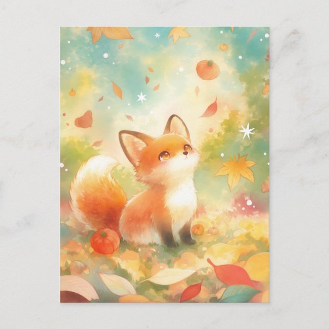 Söta Baby Fox i Höstlöv Ängen Vykort (Framsida)