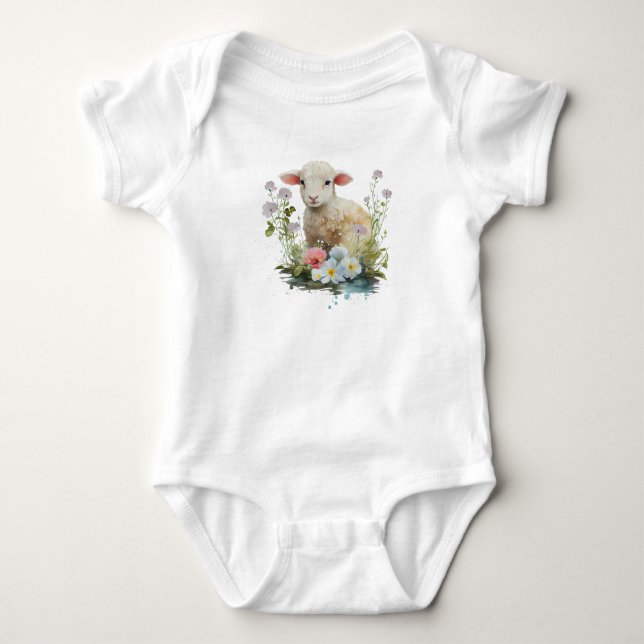 Söta Baby Lamb med blommor T Shirt (Framsida)