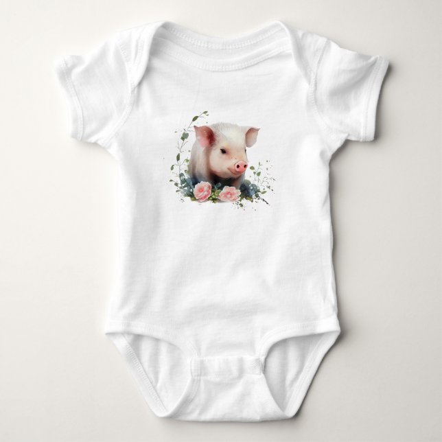 Söta Baby Piglet med blommor T Shirt (Framsida)
