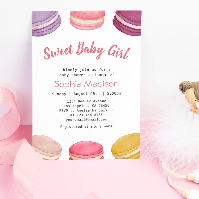 Söta Baby Rosa Macarons Dessert Flicka Shower Inbjudningar (Skapare uppladdad)