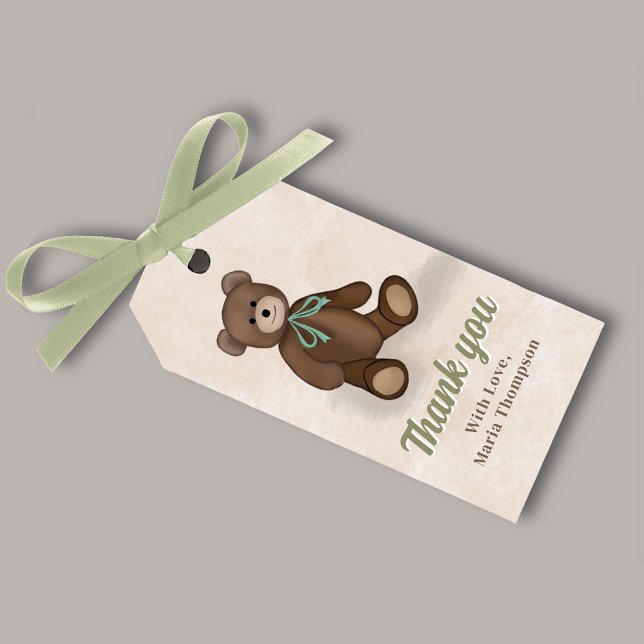 Söta Baby Shower Tack Teddybjörn Presentetikett (Cute Baby Shower Teddy Bear Gift Tag.)