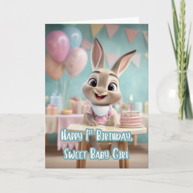 Söta Babyflicka Bunny 1-års födelsedagsfest Kort (Framsida)