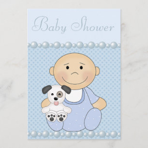 Söta Babypojken & Valpen Blå Bebis Shower Inbjudningar