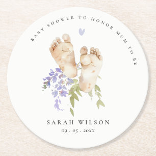 Söta Babys Fötter Blå Blommig Pojke Babyfirande Underlägg Papper Rund
