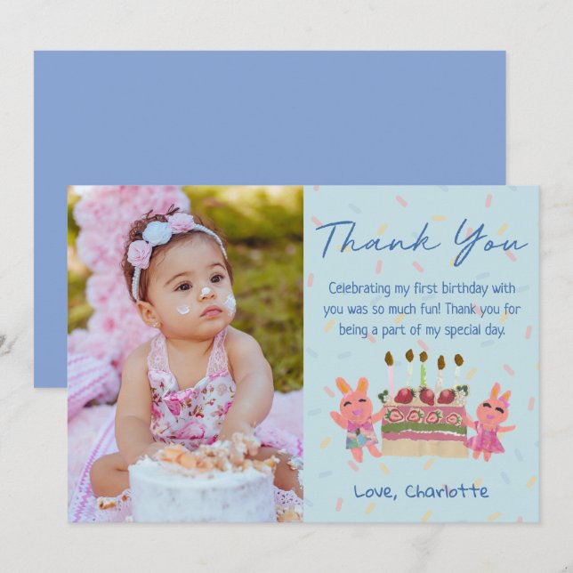 Söta bär söta kaniner | Blå födelsedagsfoto Tack Kort (Fram/baksida)