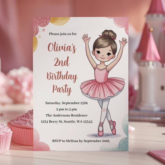 Söta Barn Ballerina 2-års Födelsedagsfest Inbjudningar (Skapare uppladdad)