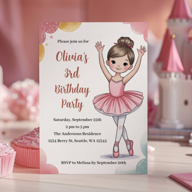 Söta Barn Ballerina 3-års Födelsedagsfest Inbjudningar (Skapare uppladdad)
